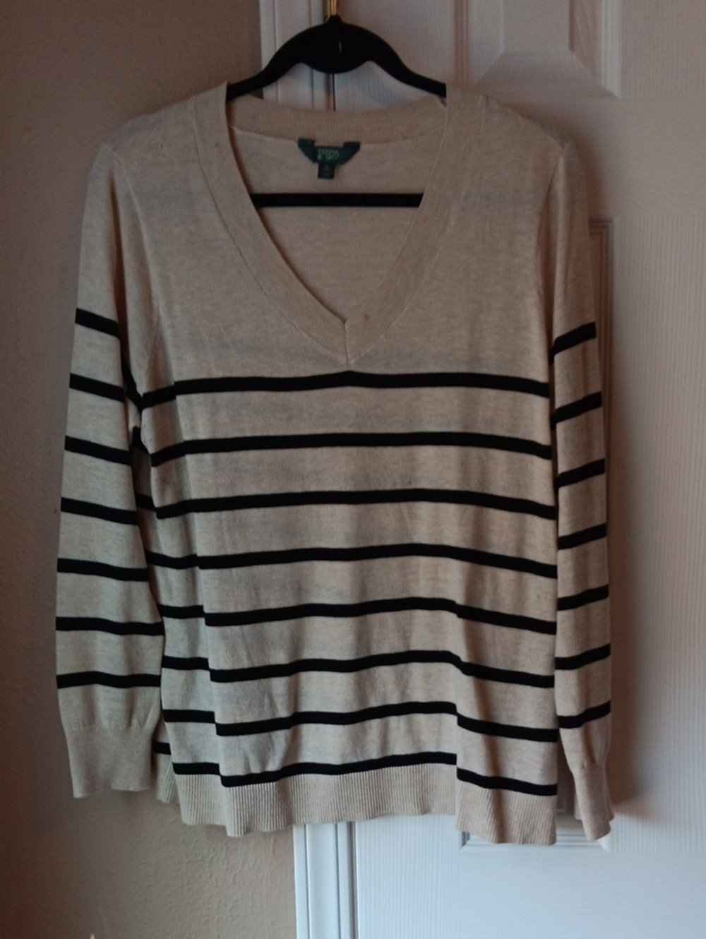 Terra & Sky Beige V-Neck Sweater with Black Stripes